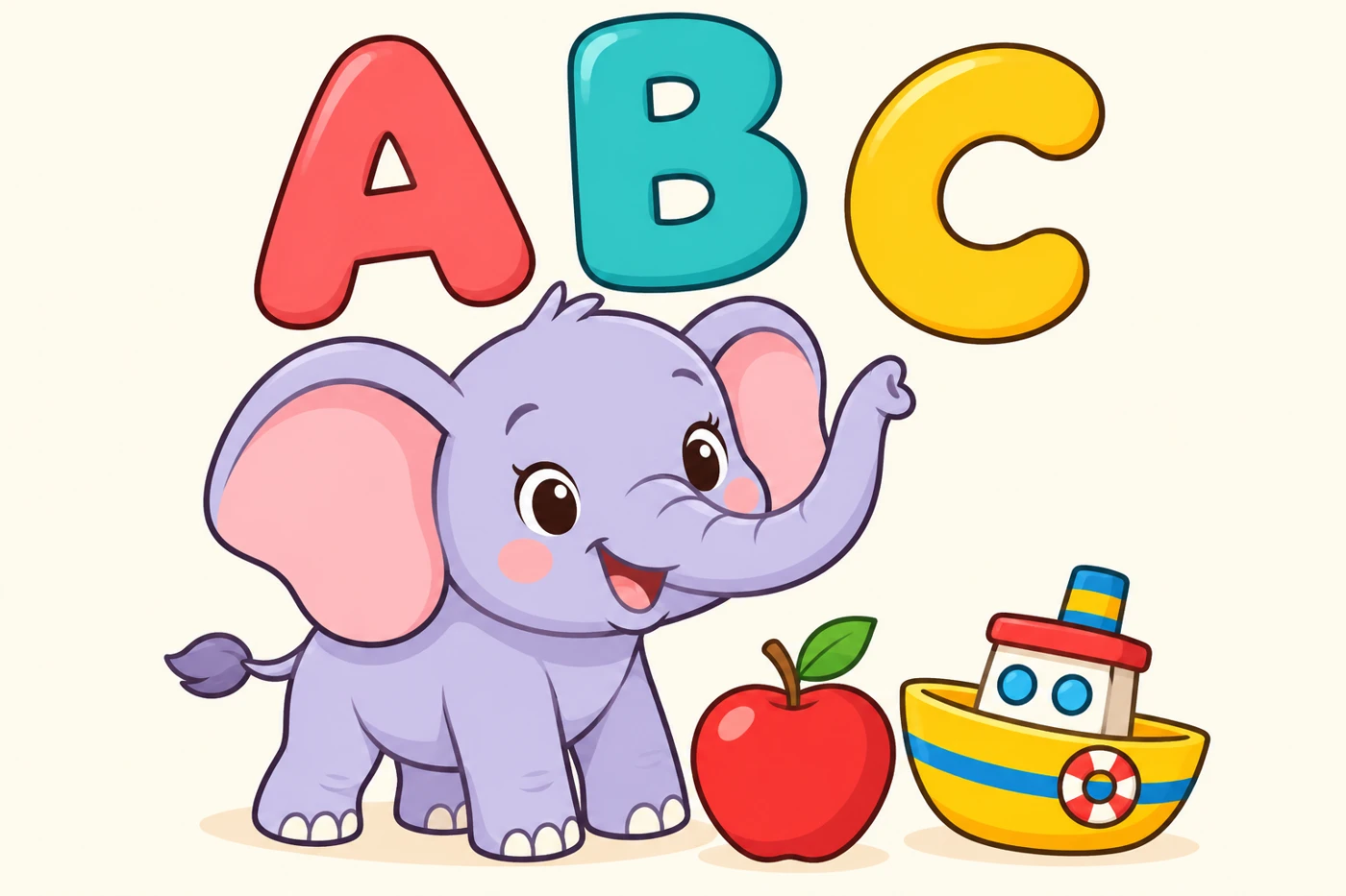 Colourful English alphabet preview with ABC, an elephant, apple and boat