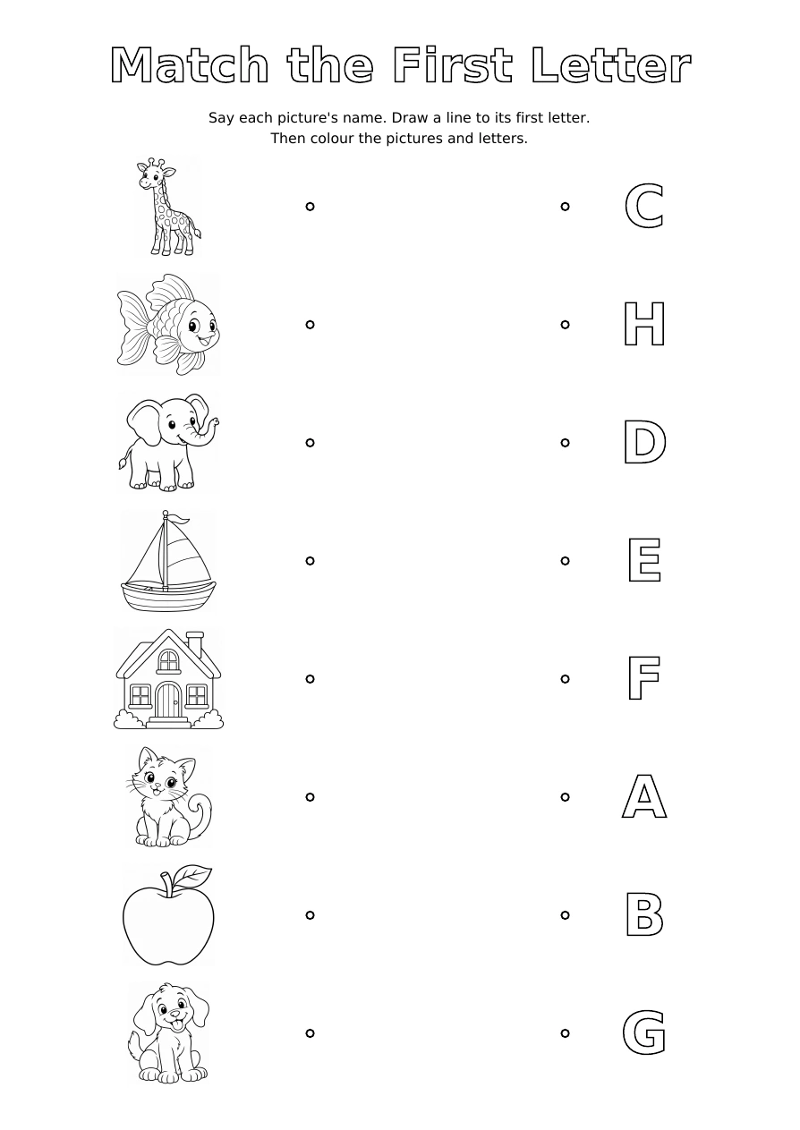Worksheet 1: eight pictures on the left and eight shuffled outline letters on the right, with space to draw matching lines