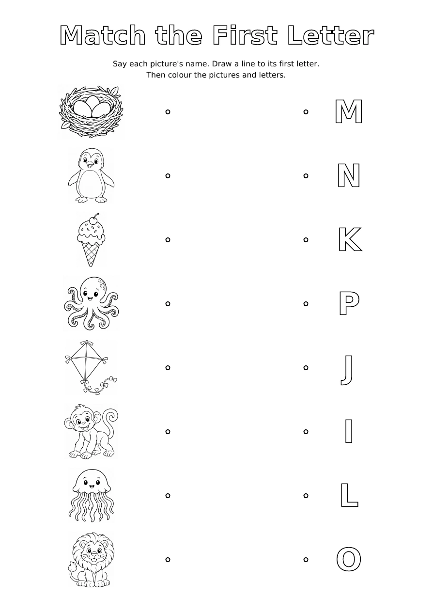 Worksheet 2: eight pictures on the left and eight shuffled outline letters on the right, with space to draw matching lines