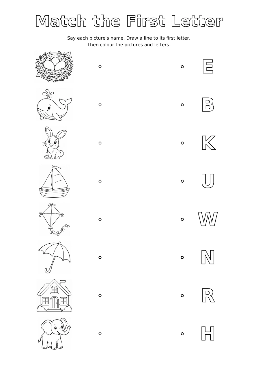 Worksheet 5: eight pictures on the left and eight shuffled outline letters on the right, with space to draw matching lines