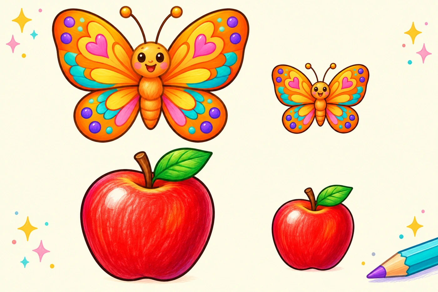 Large and small colourful butterflies and apples for learning size comparison