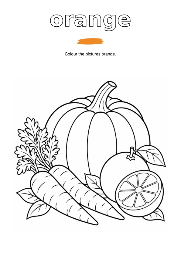 Outlined word orange, a paint sample, and oranges, carrots and a pumpkin to colour