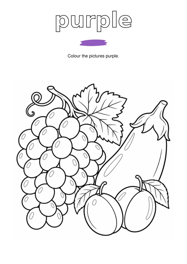 Outlined word purple, a paint sample, and grapes, aubergine and plums to colour