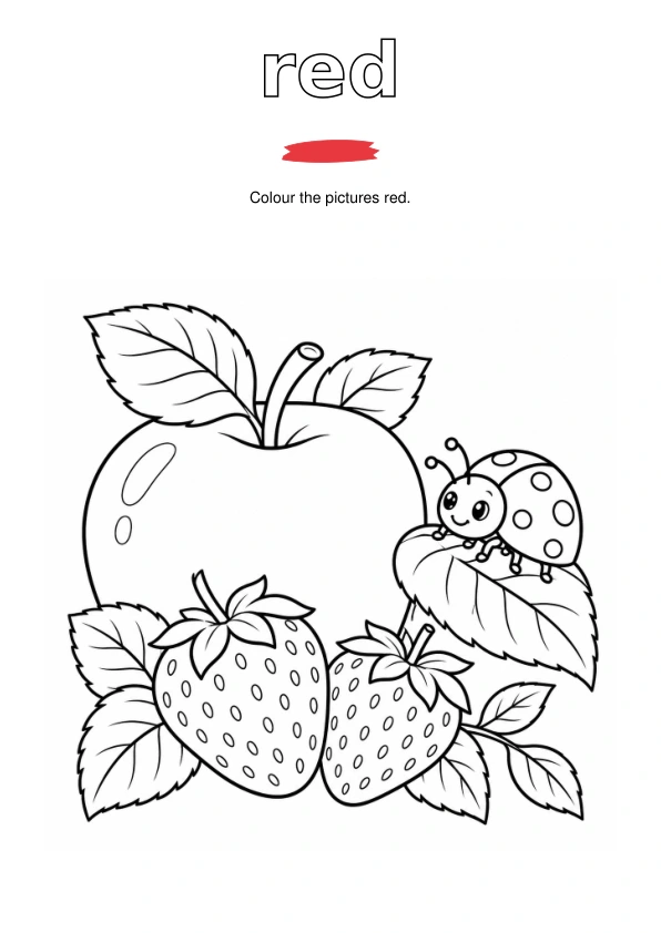 Outlined word red, a paint sample, and apple, strawberries and a ladybug to colour