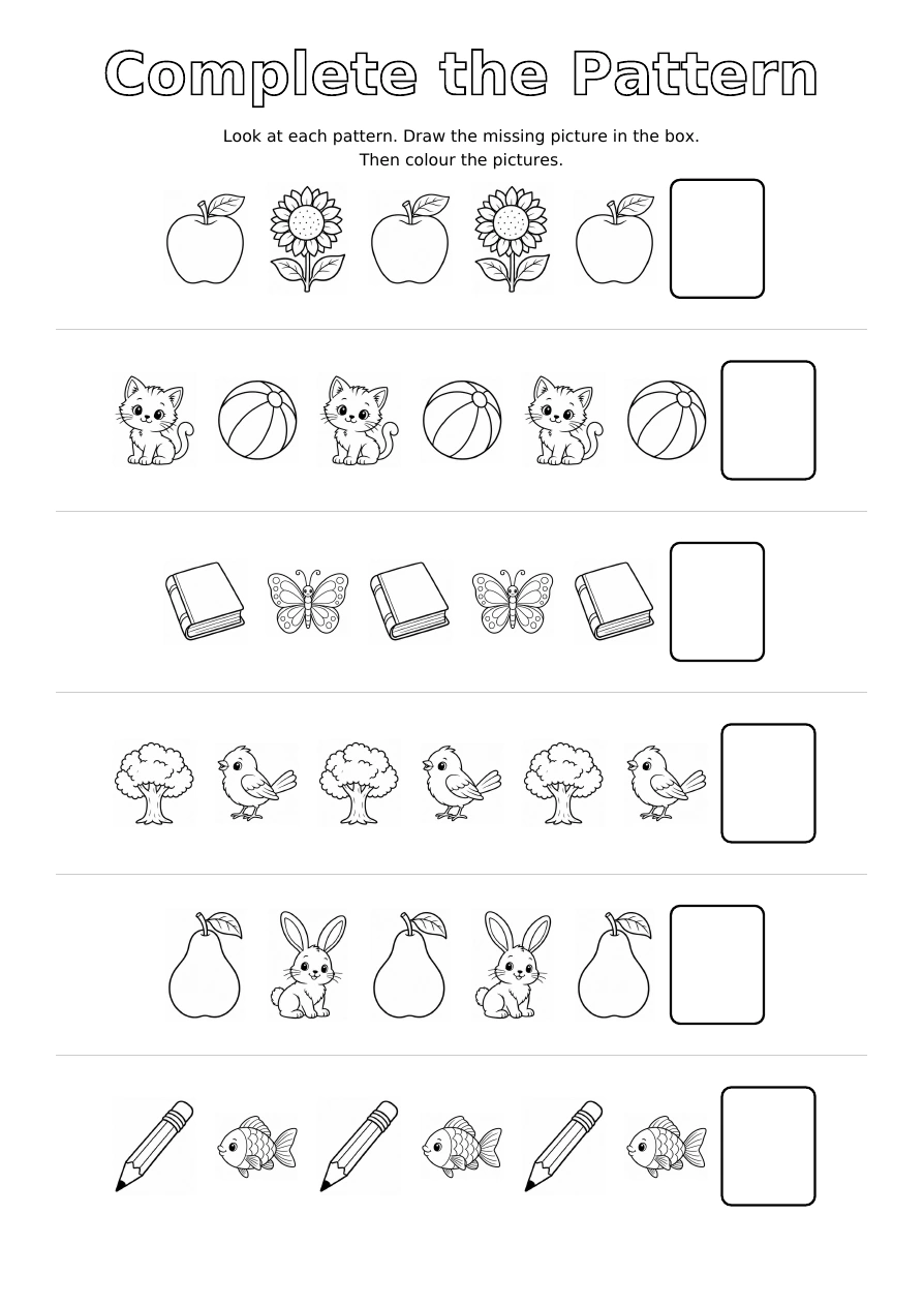 Worksheet 1: six rows of repeating outline pictures and an empty drawing box at the end of each row