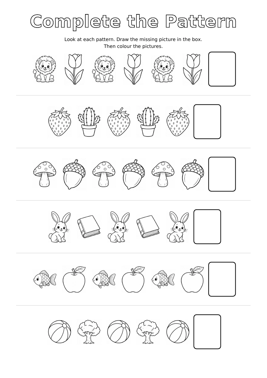 Worksheet 2: six rows of repeating outline pictures and an empty drawing box at the end of each row