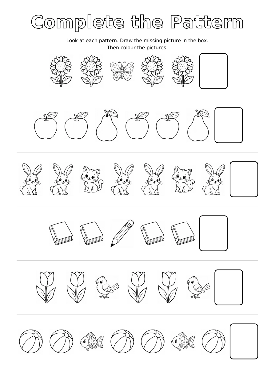 Worksheet 5: six rows of repeating outline pictures and an empty drawing box at the end of each row