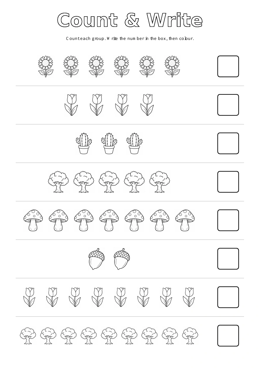 Count & Write - Plants & Nature: eight picture exercises with blank answer boxes