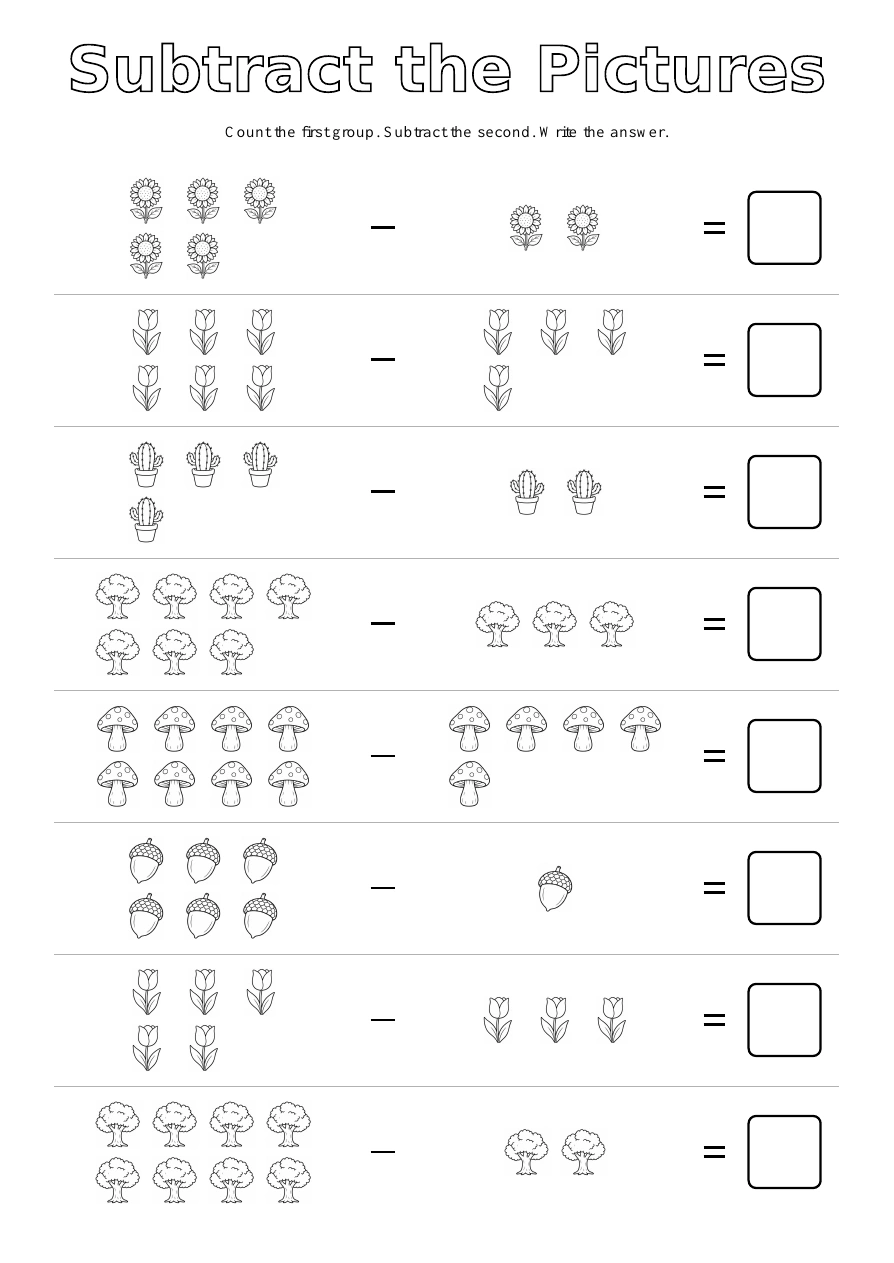 Picture Subtraction - Plants & Nature: eight picture exercises with blank answer boxes
