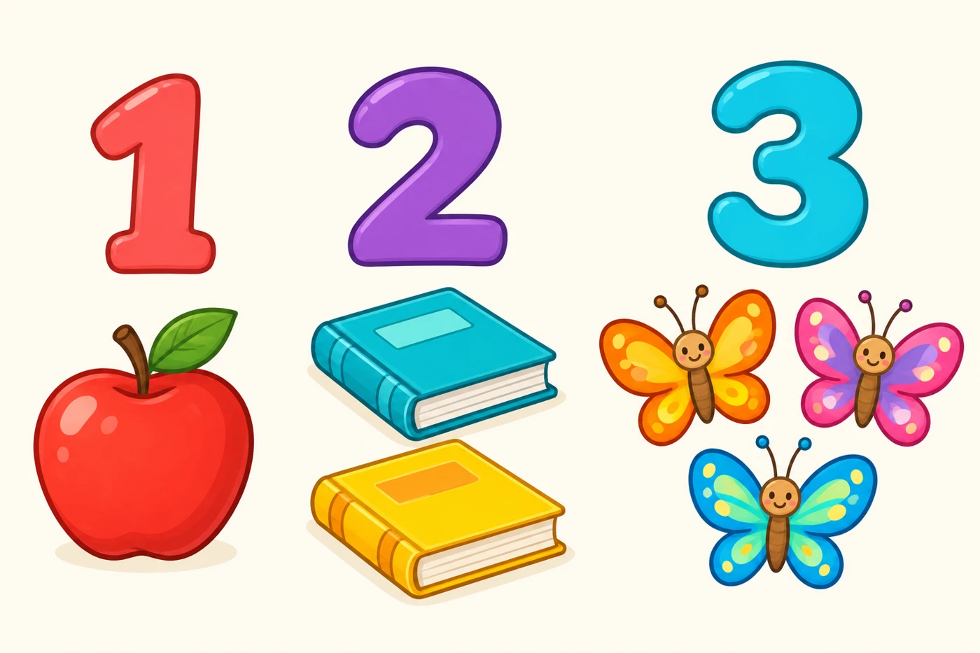 One apple, two books and three butterflies for counting and colouring