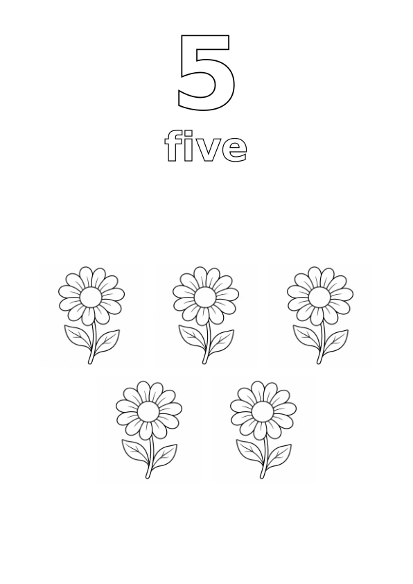 Number 5, the word five, and exactly 5 flowers to colour