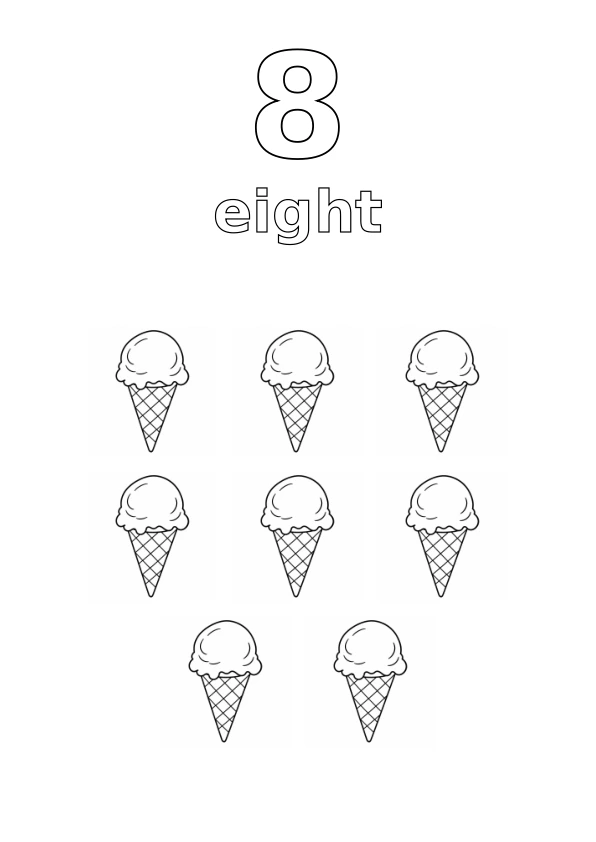 Number 8, the word eight, and exactly 8 ice creams to colour