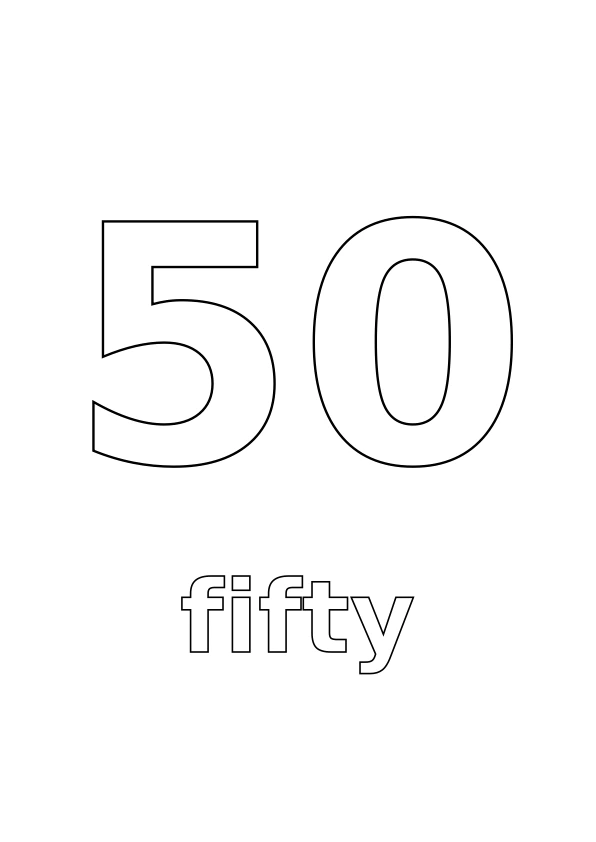 Number 50 with the word fifty underneath, both in outline for colouring