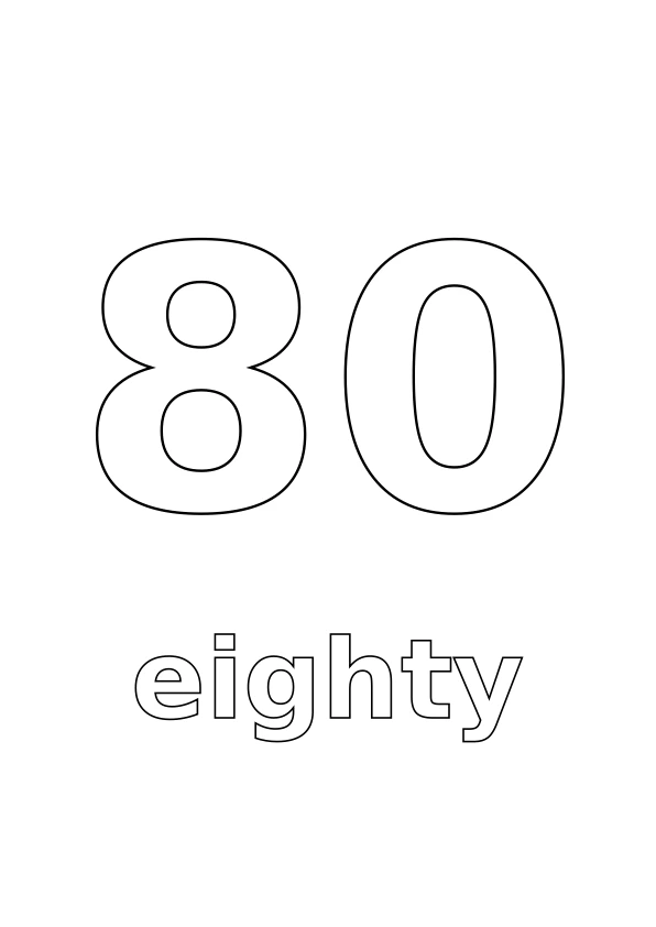Number 80 with the word eighty underneath, both in outline for colouring