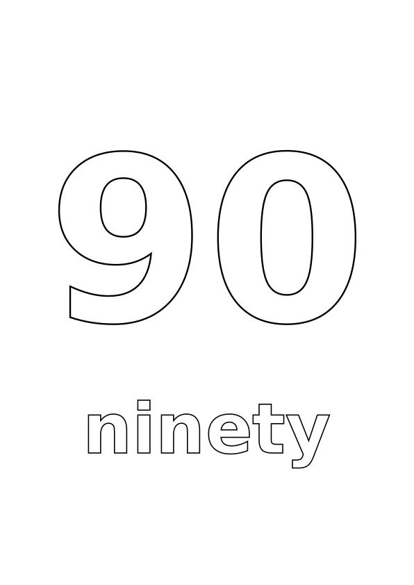 Number 90 with the word ninety underneath, both in outline for colouring