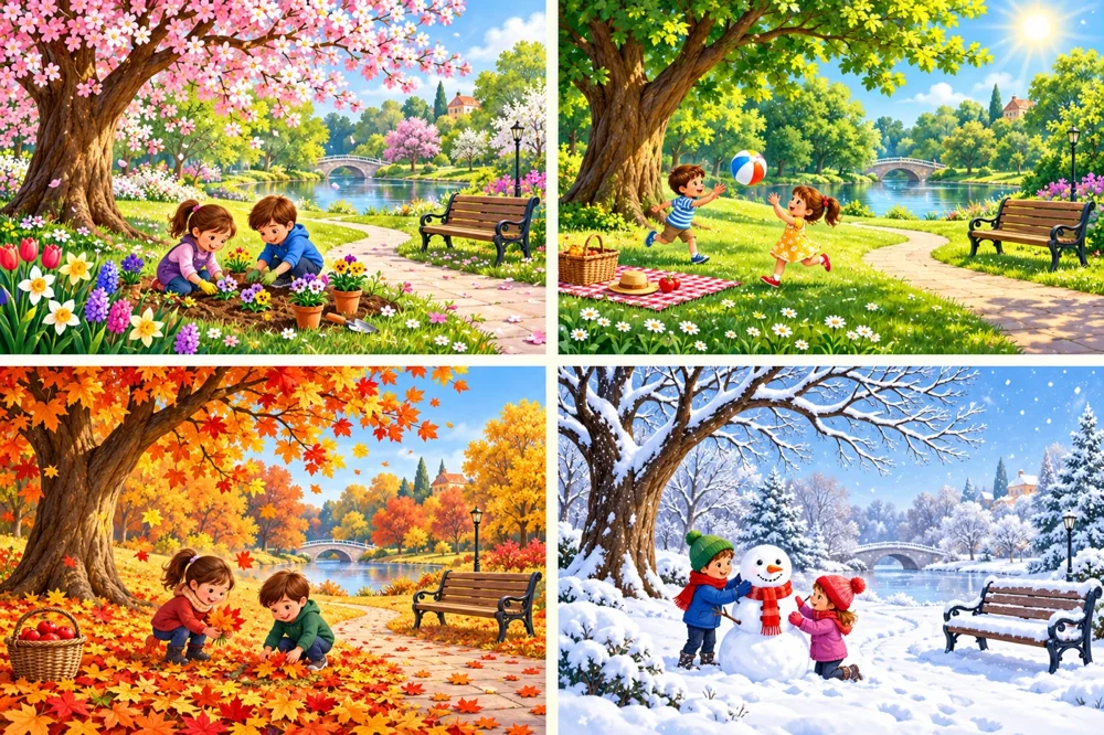 The same colourful park in spring, summer, autumn and winter