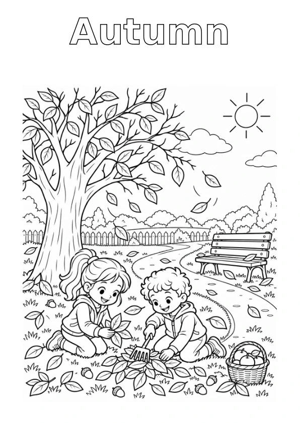 Park in Autumn, with the season name in outline for colouring