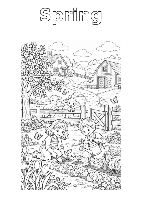 Farm in Spring, with the season name in outline for colouring