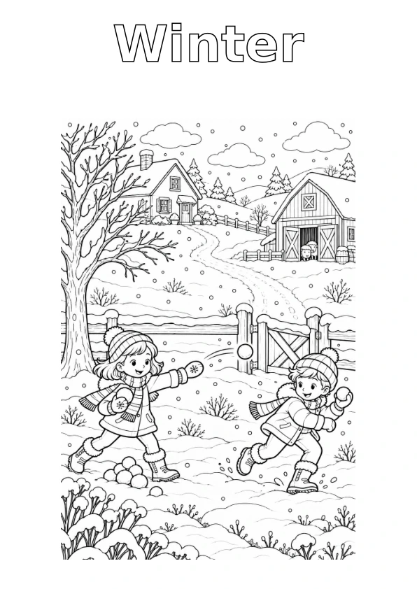 Farm in Winter, with the season name in outline for colouring