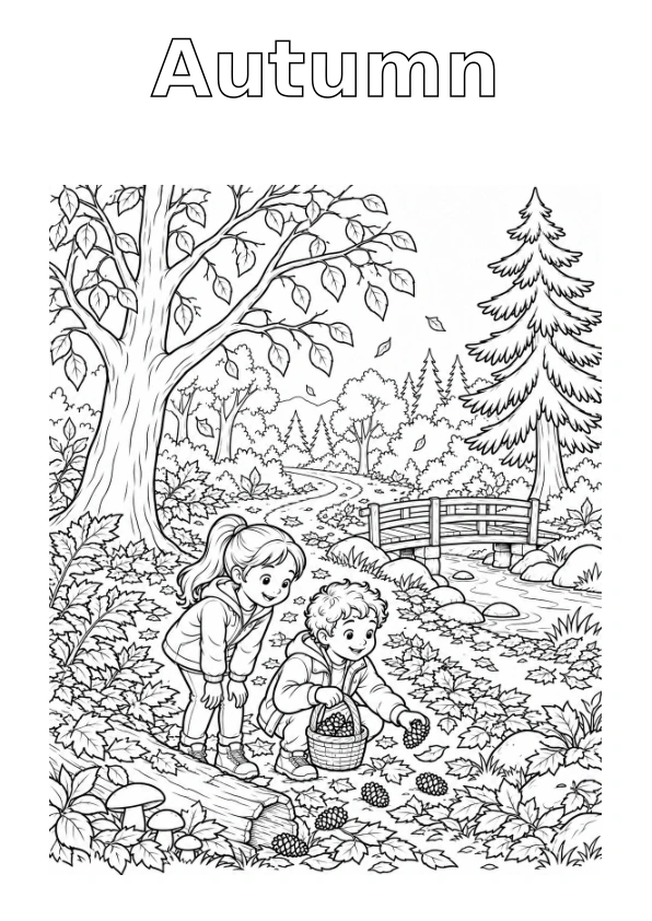 Forest in Autumn, with the season name in outline for colouring