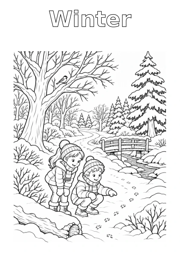 Forest in Winter, with the season name in outline for colouring