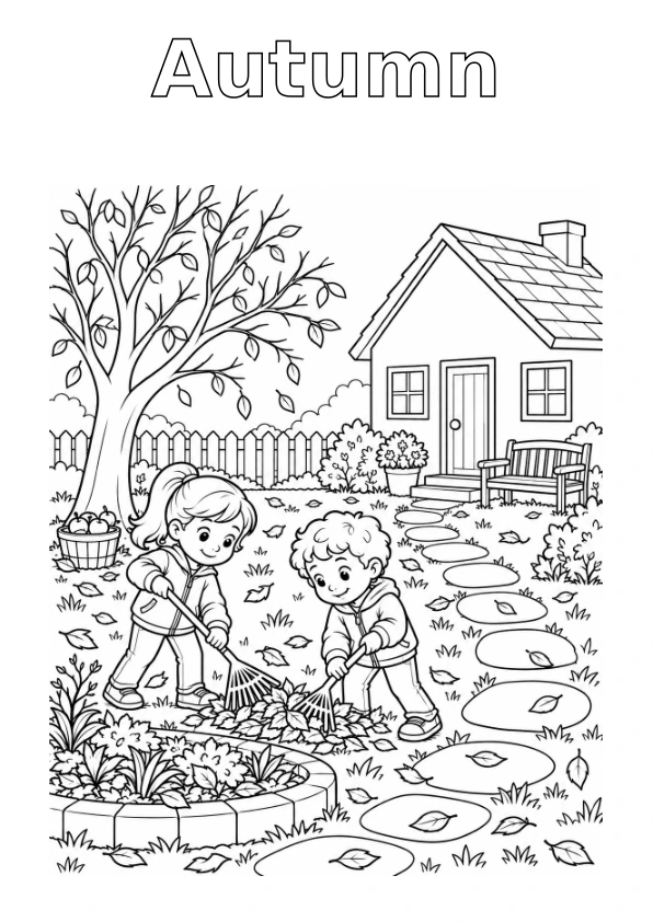 House Garden in Autumn, with the season name in outline for colouring