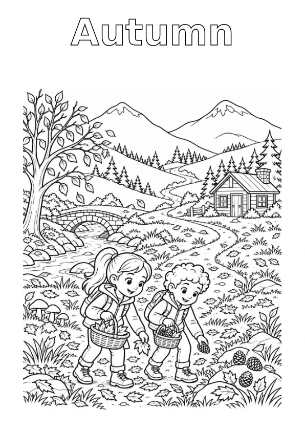 Mountain in Autumn, with the season name in outline for colouring
