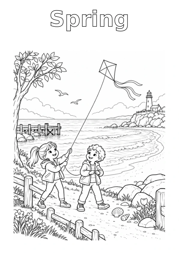 Seaside in Spring, with the season name in outline for colouring