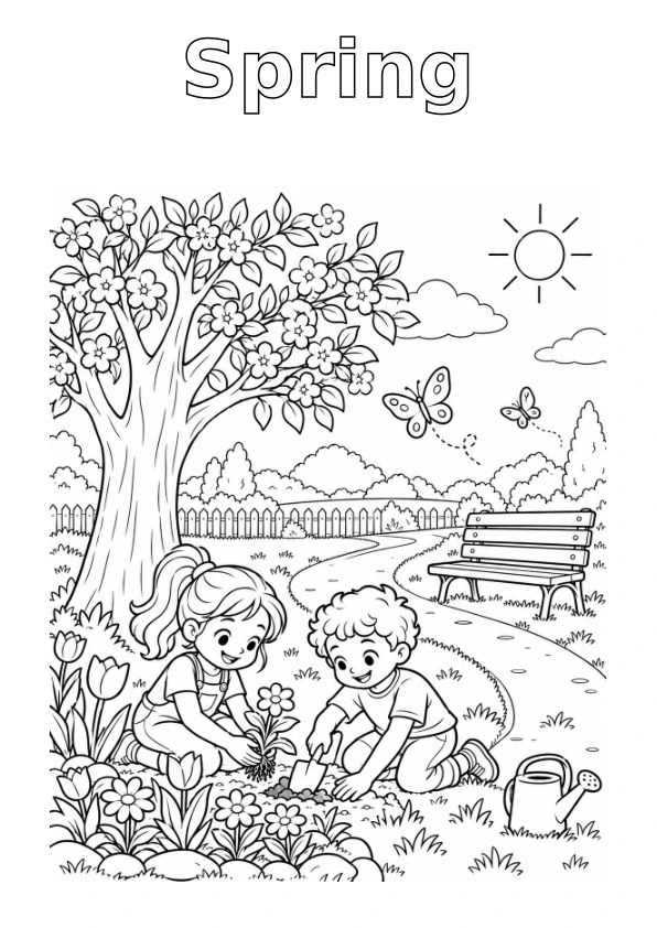 Park in Spring, with the season name in outline for colouring