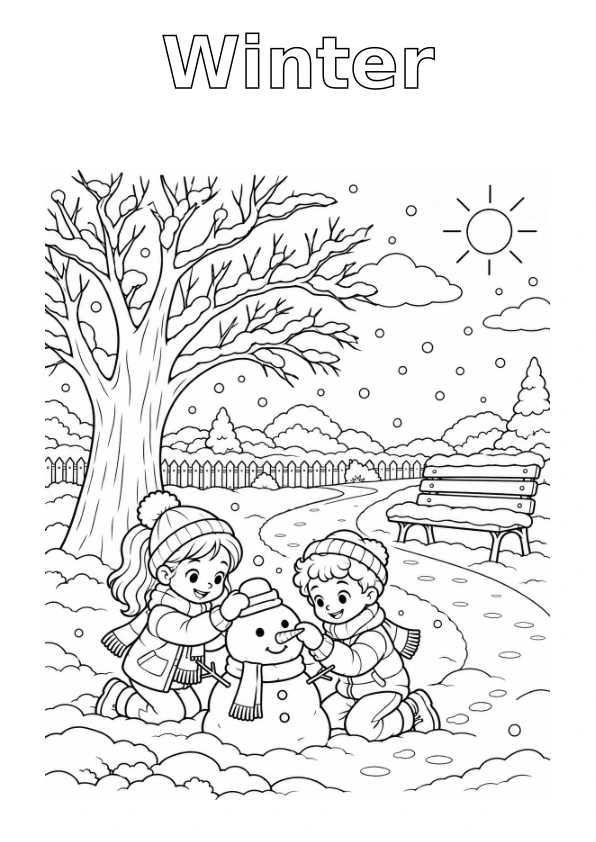 Park in Winter, with the season name in outline for colouring