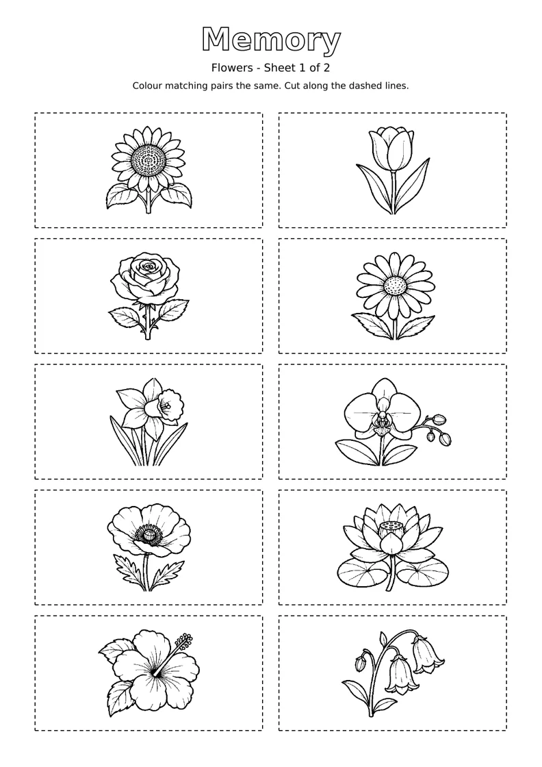 Flowers Memory sheet 1 of 2: ten black and white colouring cards with dashed cutting outlines