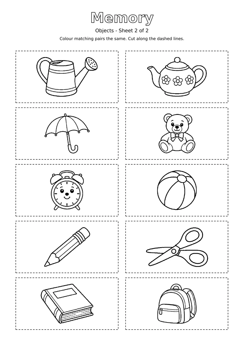 Objects Memory sheet 2 of 2: ten black and white colouring cards with dashed cutting outlines