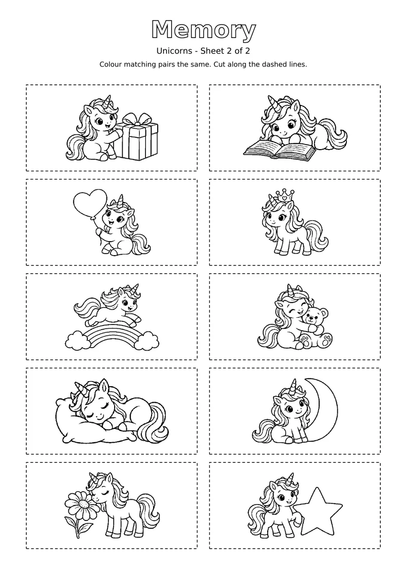 Unicorns Memory sheet 2 of 2: ten black and white colouring cards with dashed cutting outlines