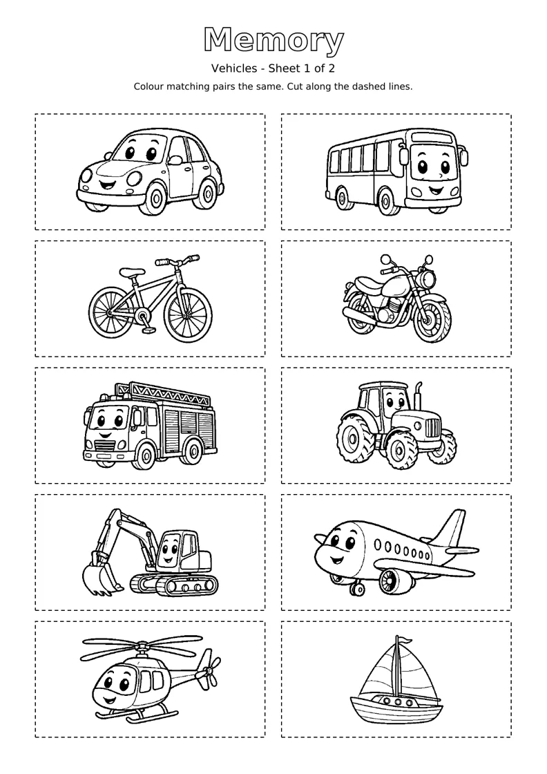 Vehicles Memory sheet 1 of 2: ten black and white colouring cards with dashed cutting outlines