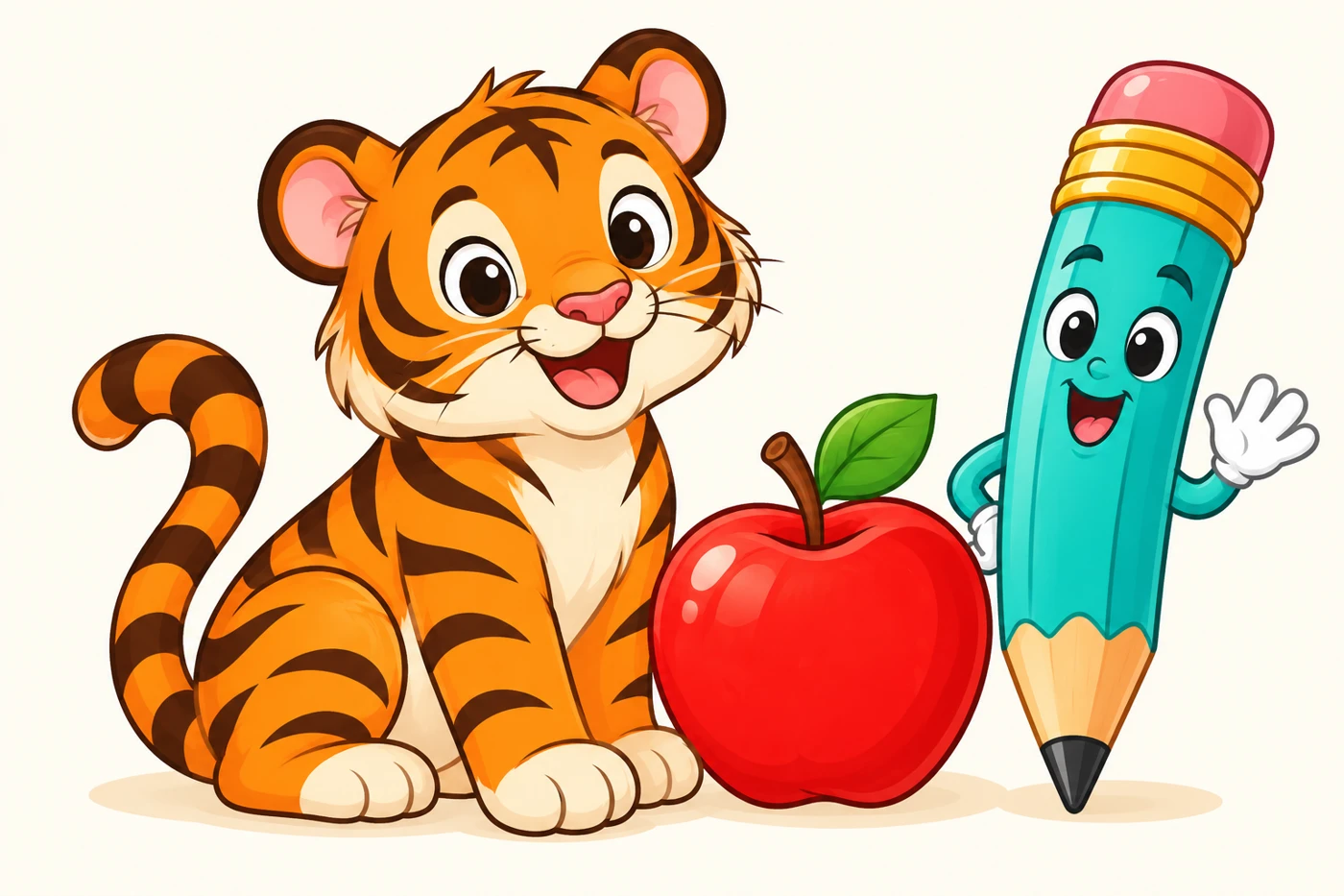 Colourful tiger, apple and pencil for the Missing Letters collection