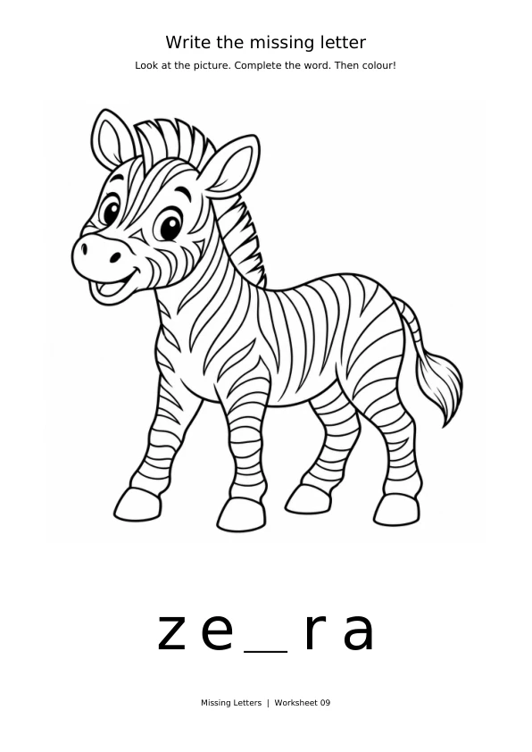 Worksheet 9: complete ze_ra and colour the picture