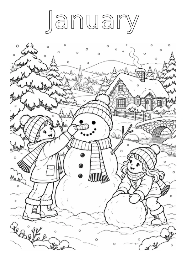 January colouring page: Two children building a snowman in a snowy village