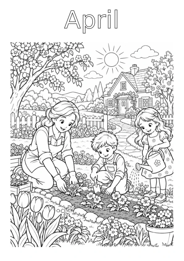 April colouring page: Children planting flowers in a sunny spring garden