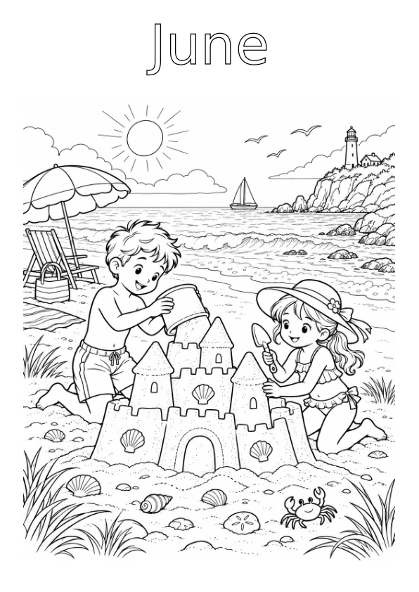 June colouring page: Children building a sandcastle on the beach