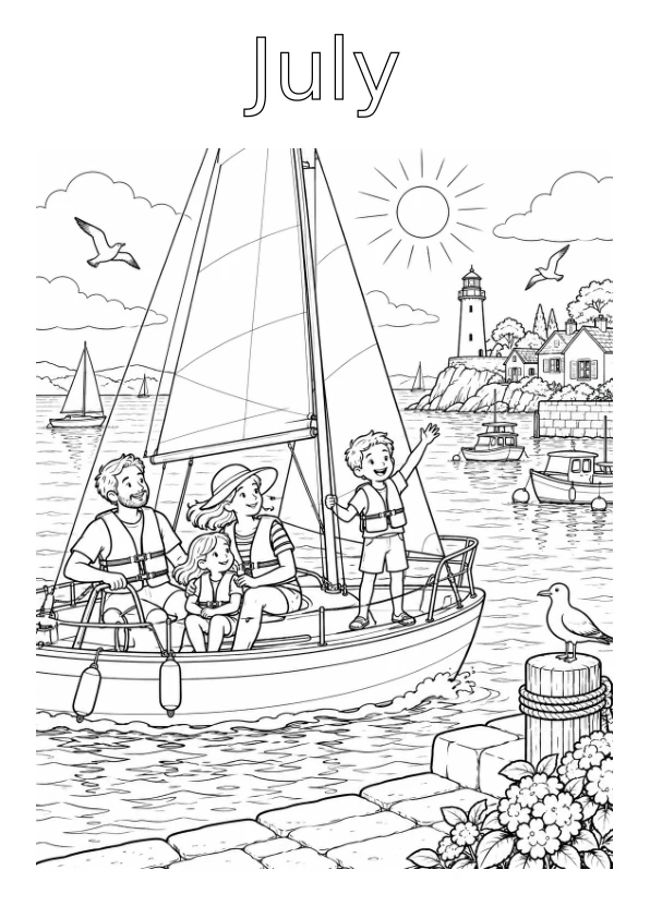 July colouring page: A family sailing by a summer harbour