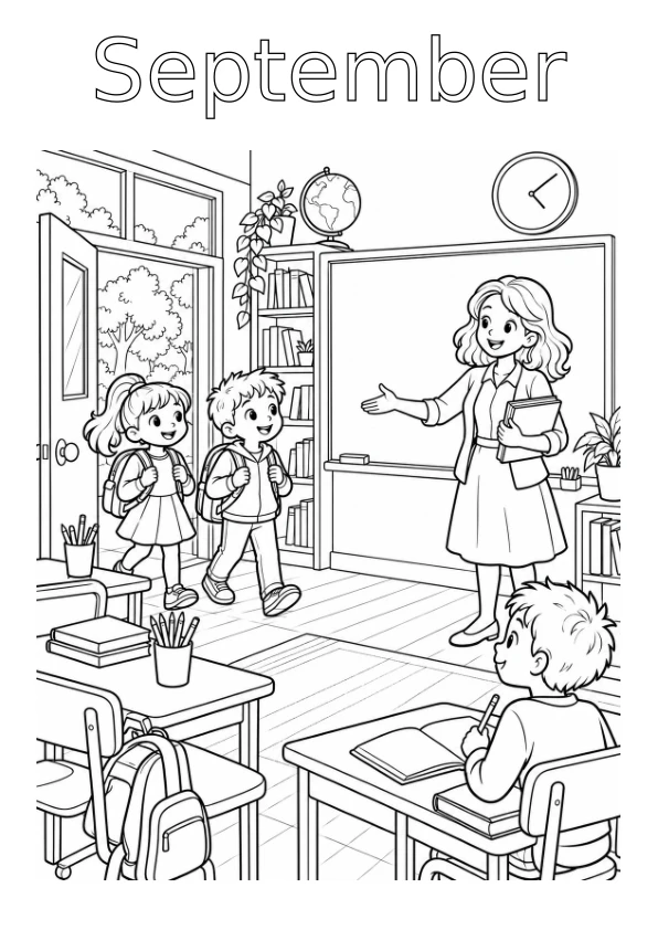 September colouring page: Children and their teacher in a welcoming classroom