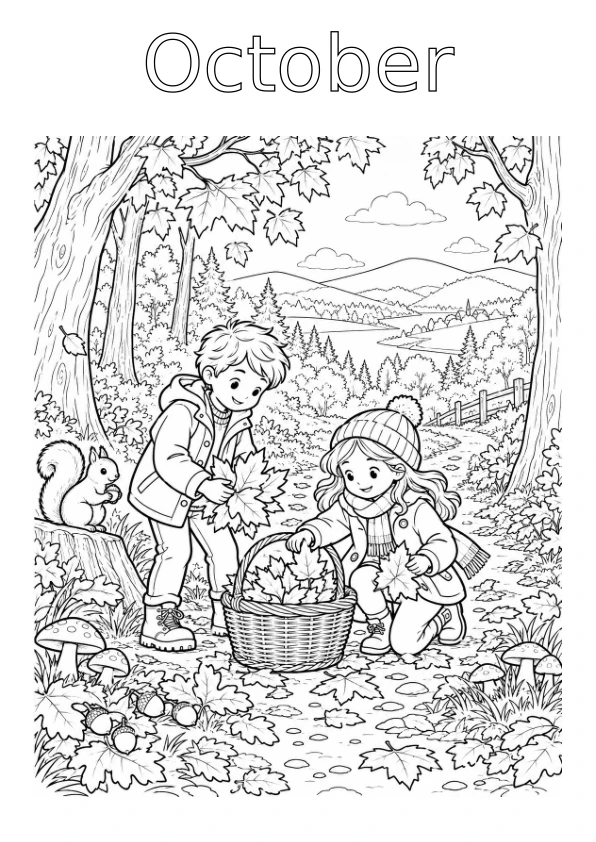 October colouring page: Children collecting leaves in an autumn woodland