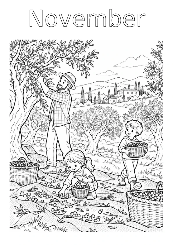 November colouring page: A family harvesting olives in an olive grove