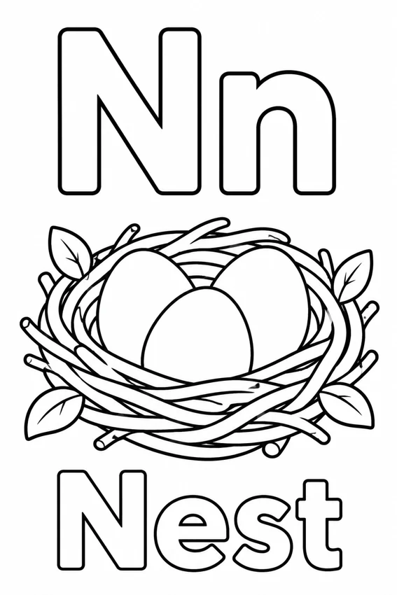 Nn — Nest colouring page