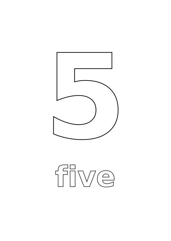 Number 5 with the word five underneath, both in outline for colouring