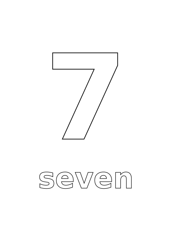 Number 7 with the word seven underneath, both in outline for colouring