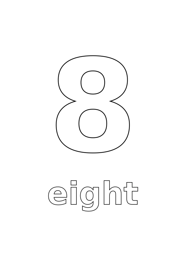 Number 8 with the word eight underneath, both in outline for colouring