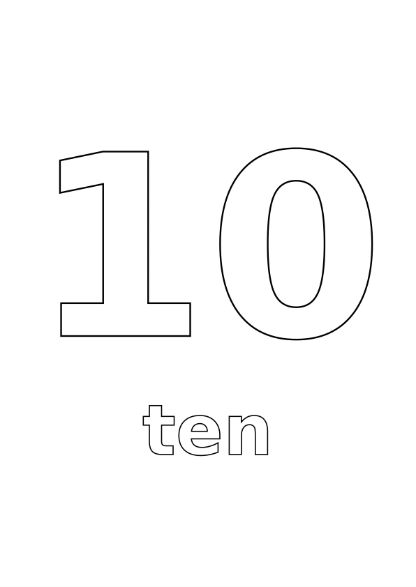 Number 10 with the word ten underneath, both in outline for colouring