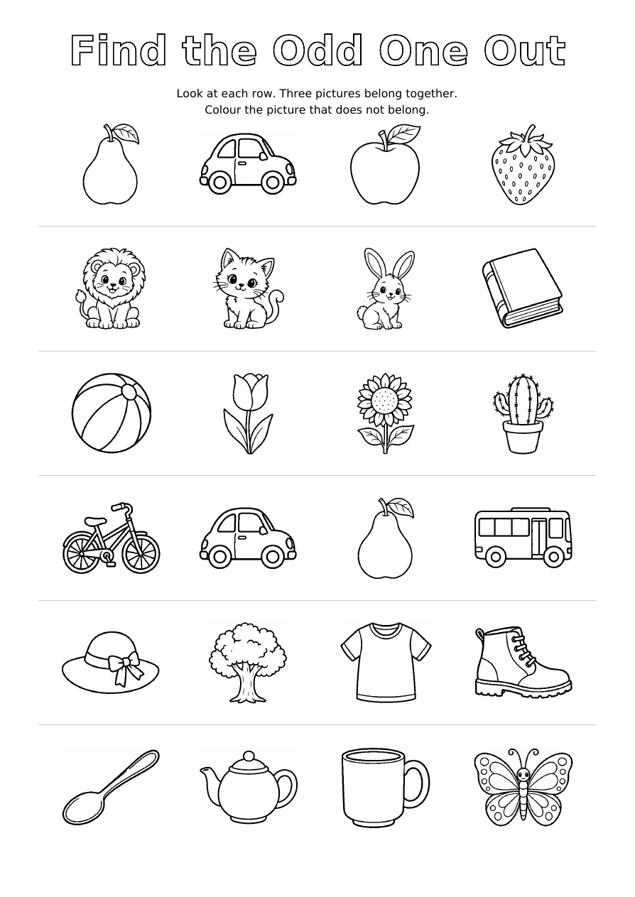 Worksheet 1: six rows of four outline pictures, with one picture in each row that does not belong to the group