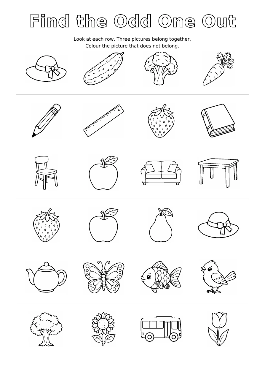 Worksheet 2: six rows of four outline pictures, with one picture in each row that does not belong to the group